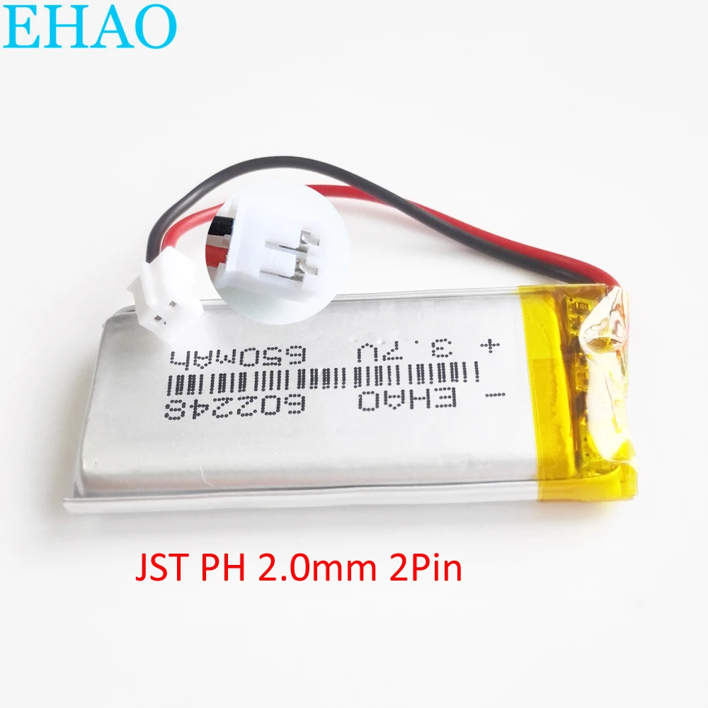 3.7V 650mAh Battery JST PH 2.0mm 2 pin 602248 Lithium Polymer LiPo Rechargeable Cells For Mp3 GPS Vedio game speaker Bluetooth