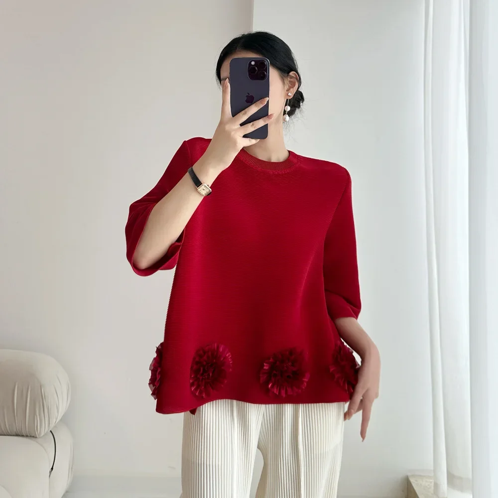 Pleats Pleated T-shirt Commuter Casual 2024 Fall Pleated Top Stereo Flower Solid Color High-end Peplum Round Neck T-Shirt Woman