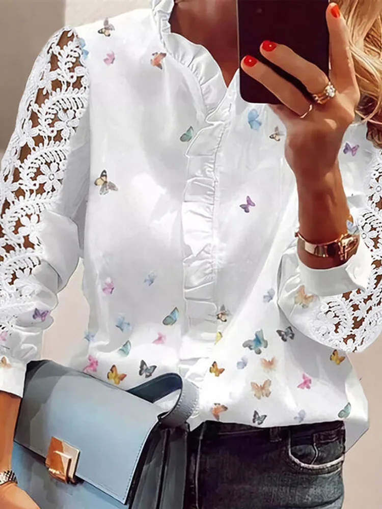 White Women\'s Shirts Fashion Elegant Long Sleeve Butterfly Print Office Lady Top Women Ruffled Hollow Out Blouse Female Clothing