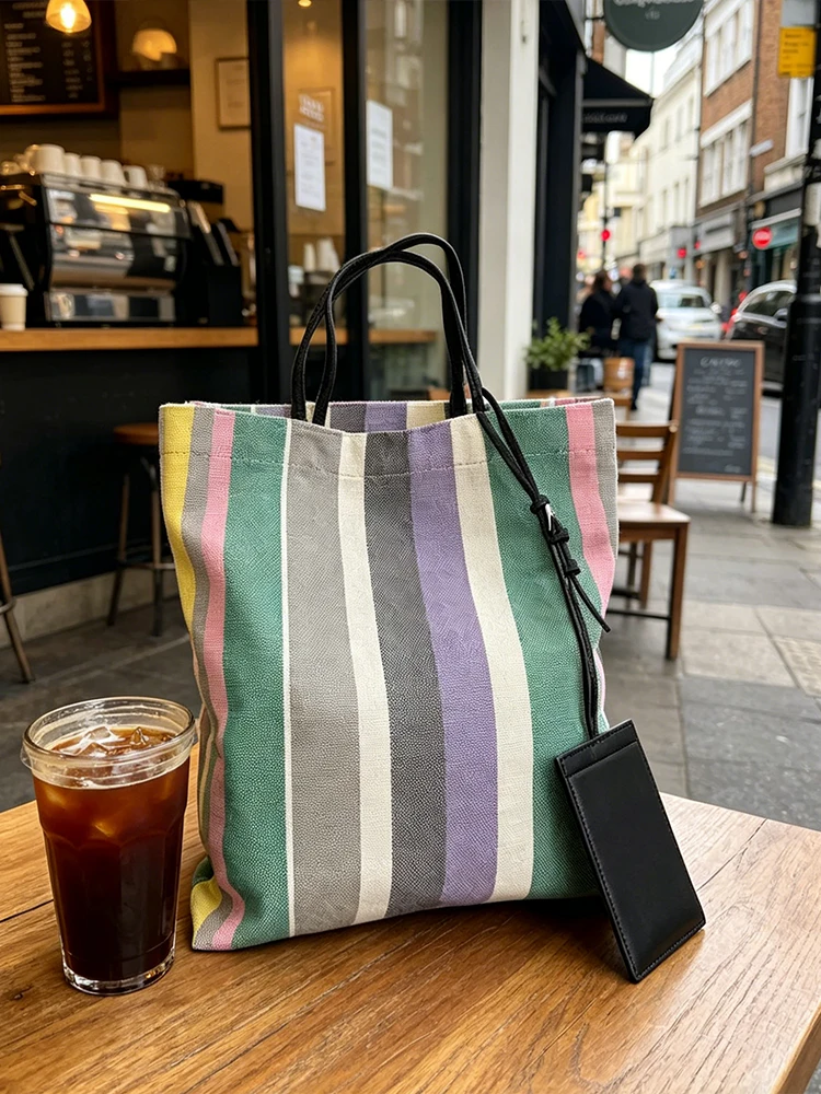 

Y2K Rainbow Striped Tote Bag Large Capacity Canvas Shoulder Handbag Vintage Retro Casual Shopping Bag Minimalist Streetwear