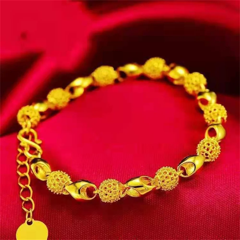 OUYADI 14K Gold Plated Stainless Steel Adjustable Chain Bracelet,Hollow Filigree Beaded Link Bracelet,Women Fashion Jewelry Gift