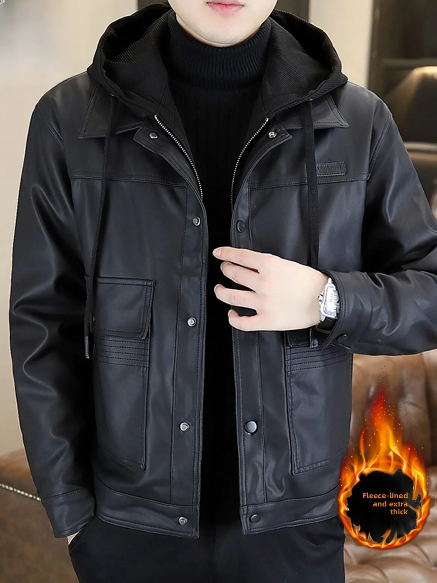 

American Sle Retro Leather Jaet for Men Winter New Arrival Fake Two-Piece Hooded Coat Faionable Urban Casual Thiened