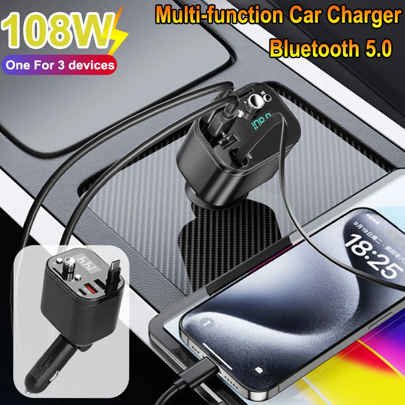 

108W 5 IN 1 PD3.0 QC3.0 Retractable Phone Charger Bluetooth Handsfree Car Kit FM Transmitter For iPhone Fast Charging Adapter