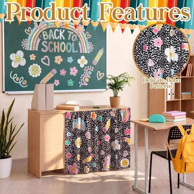 VIKAMA Back To School Cartoon Self Adhesive Cabinet Curtain No Drill Desk Skirt Under Sink Cover Classroom Kitchen Storage Decor - view 4