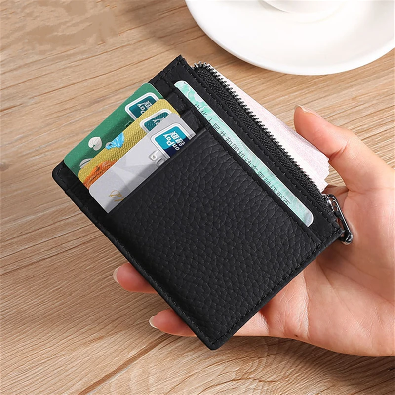 

New Slim Women Coin Purse Genuine Leather Short Men's Zipper Wallet Large Capacity Business Bank Card Holder ID Money Bag