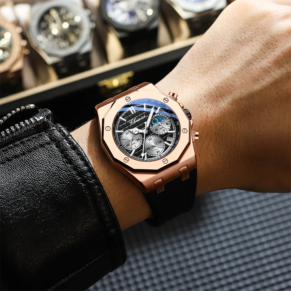 CHENXI الرياضة متعددة الوظائف سيليكون رجل ووتش التقويم للماء الكوارتز الرجال الساعات كرونوغراف القمر المرحلة ساعة يد رجالي