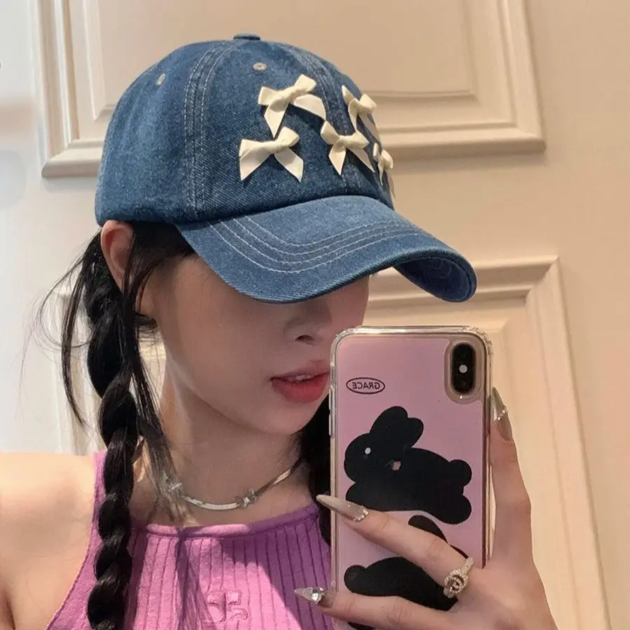 Women's Duck Tongue Hat for Korean Butterfly Edition Versatile Ins Wash Denim Sun Protection Bow Knot Daily Camp Baseball Cap