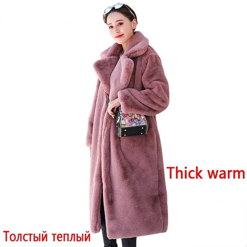 Manteau en fausse fourrure de lapin pour femme, pardessus à revers, chaud, peluche, grande taille, haute qualité, luxe, long, optique, hiver