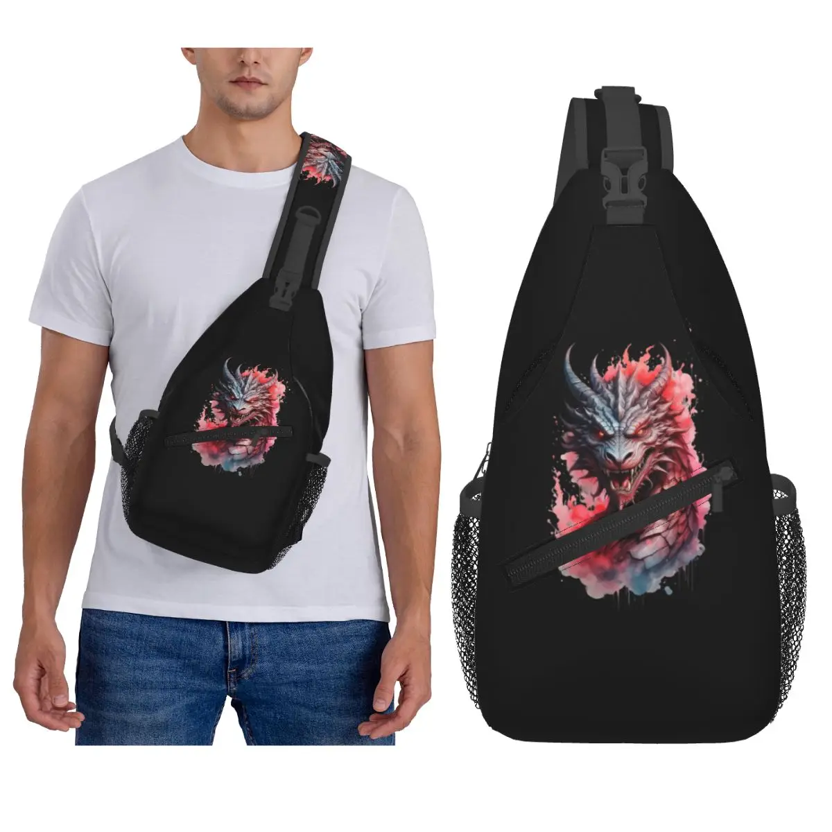 Rth Wing الصينية الأحمر التنين رئيس حقيبة صدر للرجال الرجال الرافعة Crossbody على ظهره حقيبة صدر للرجال السفر المشي لمسافات طويلة Daypack حقيبة كتف