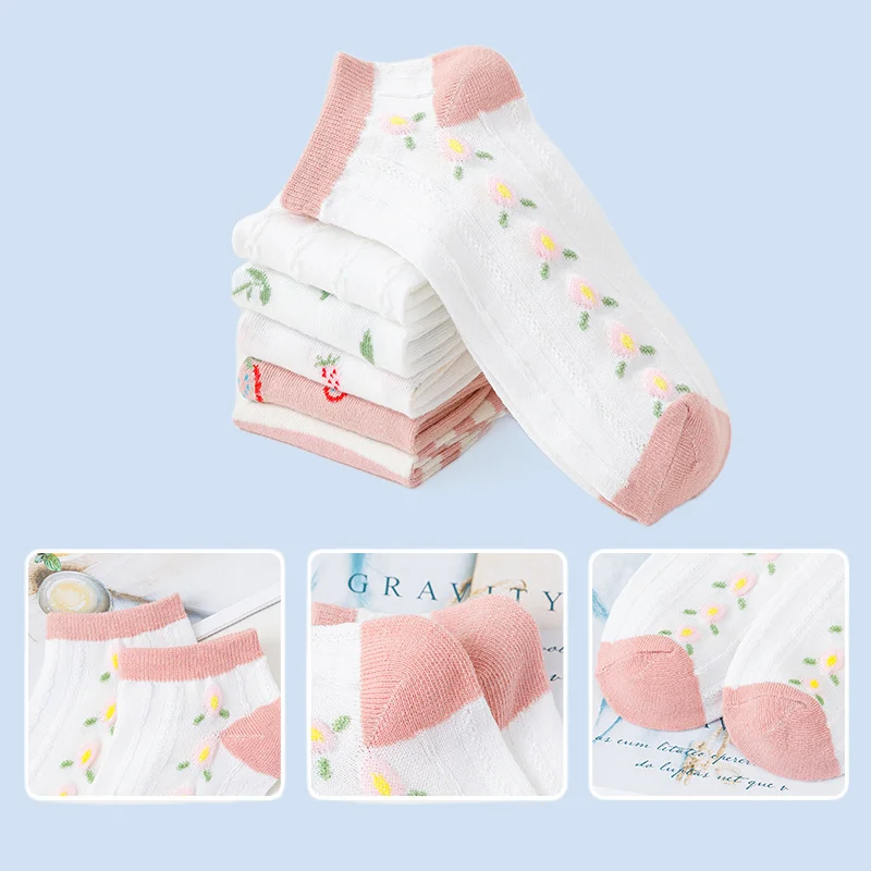 6/12 Pairs Women's Pink Strawberry Thin Socks Children Shallow Mouth Invisible Socks Cute Sweet Women's High Quality Boat Socks