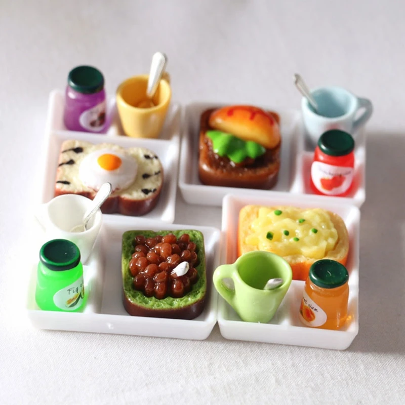 1/12 Scale Miniature Dollhouse Breakfast Set Milk & Egg Bread Juice for Mini Doll Food Play Kids Kitchen Set Accessories Toys