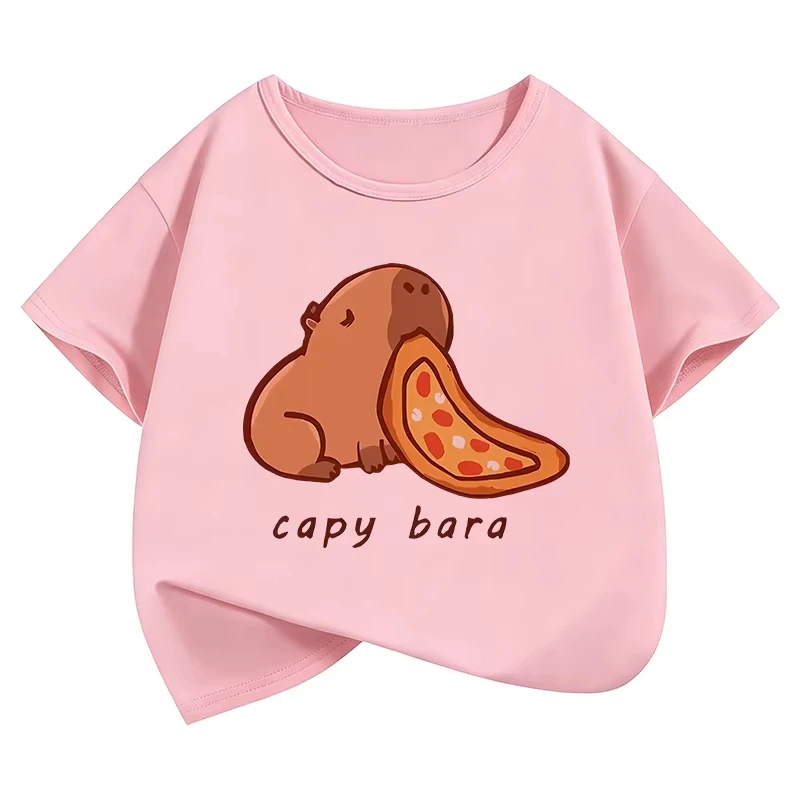 Cartoon Capybara Eating Food Print Trendy T Shirts Manga Kids Children's T-shirt Boys Girls Summer Spring Casual Top Tee Shirt