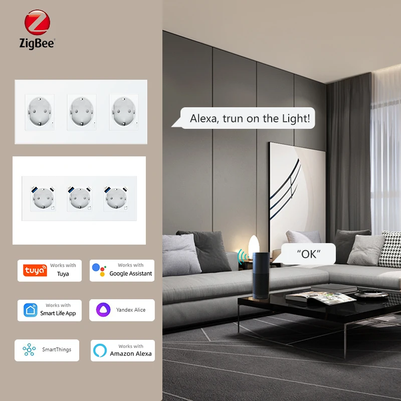 

LOGEN Zgibee EU Smart Socket USB Type-c Socket Glass Crystal Panel Three sockets arranged side by side Need Neutral Wire