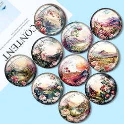 Watercolor cute landscape in a circle 10pcs 12mm/16mm/18mm/25mm Round Photo Glass Cabochon Demo Flat Back Making findings