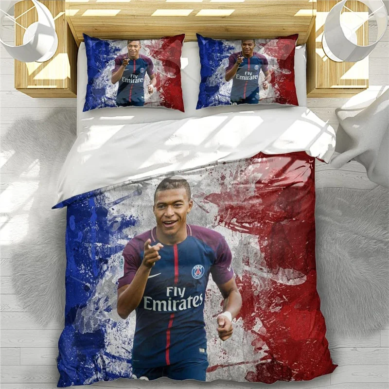 Juego de cama Soccer Star Kylian Mbappe, 3 piezas, funda nórdica con temática de dibujos animados, material de microfibra transpirable y fundas de almohada de regalo