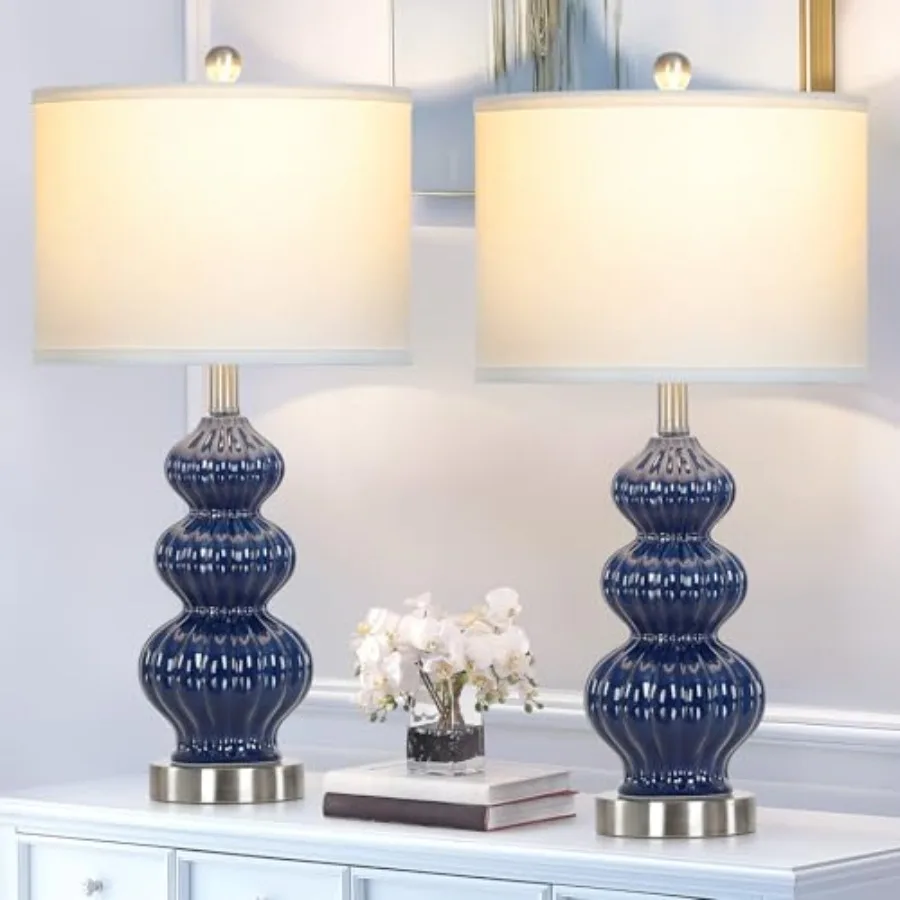

Triple Gourd Ceramic Table Lamps Set of 2 Modern Bedside Lamps with Rotary Switch Contemporary Nightstand Lamps for Bedroom Liv