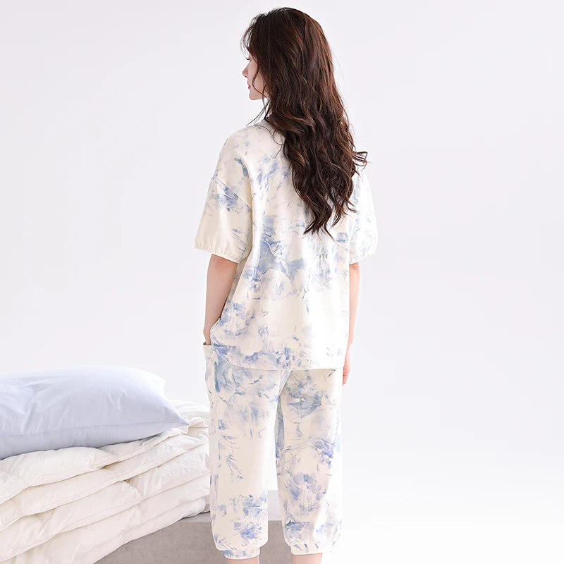 Newest Summer Pajamas Set Women 100% Cotton Sleepwear Female Short Top+Calf-Length Pant Floral Pyjamas