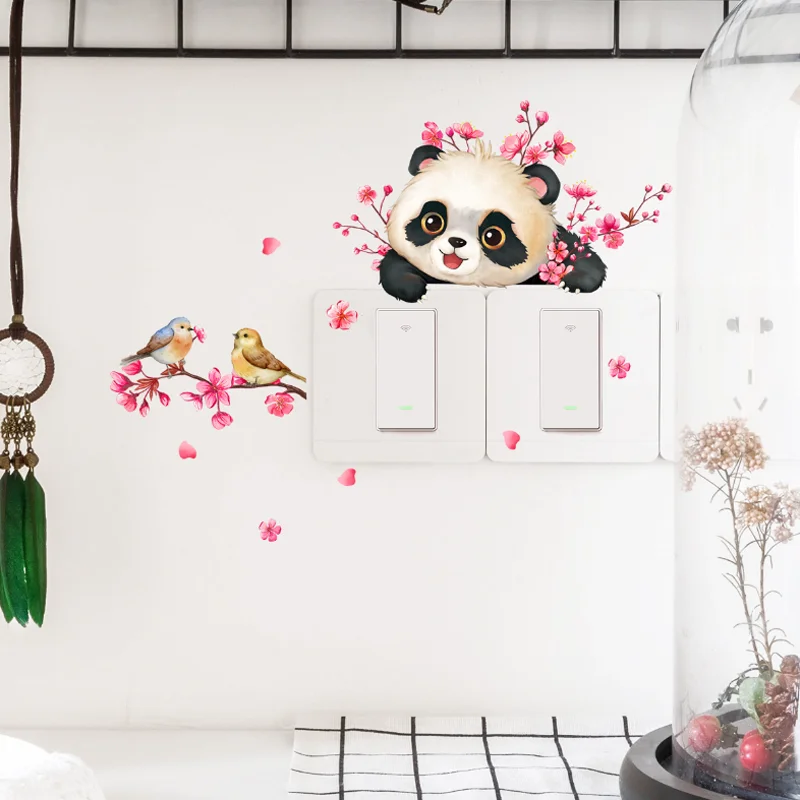 Desenhos animados Branch Plum Blossom e Panda Switch Wall Sticker, Decoração do fundo do quarto, Antifouling adesivo removível, quarto de crianças