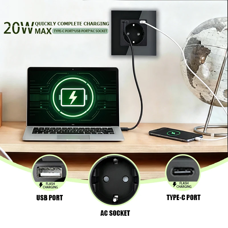 TAWOIA 20W Fast Charging EU Plug Wall Socket With Type-C USB Electric Socket Outlets Germany Socket NO Glass Panel DIY Part Only