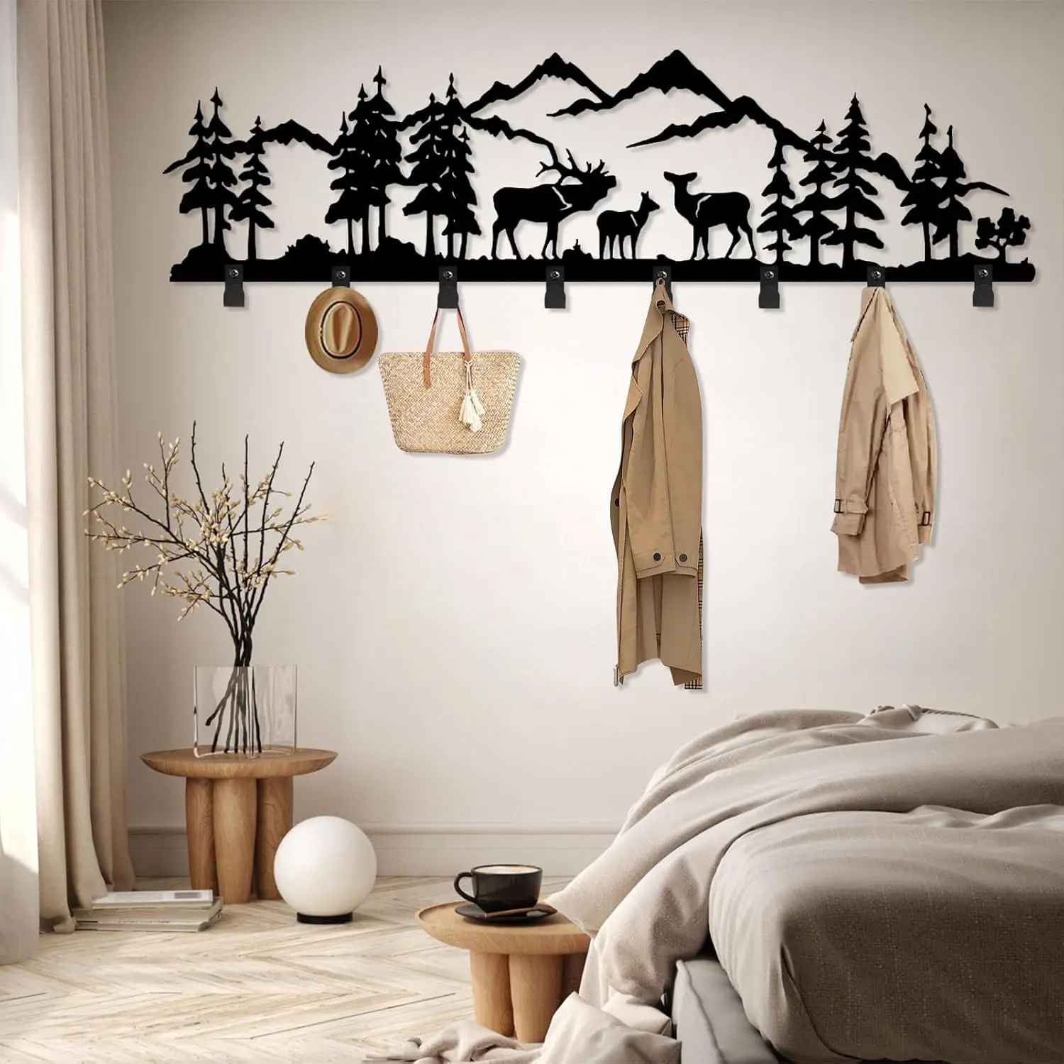Deer and Forest Coat Rack, Metal Forest Mountain Wall Mount, Nature Landscape Coat Rack, Metal Wall Mounted Coat Hooks Hanger, H