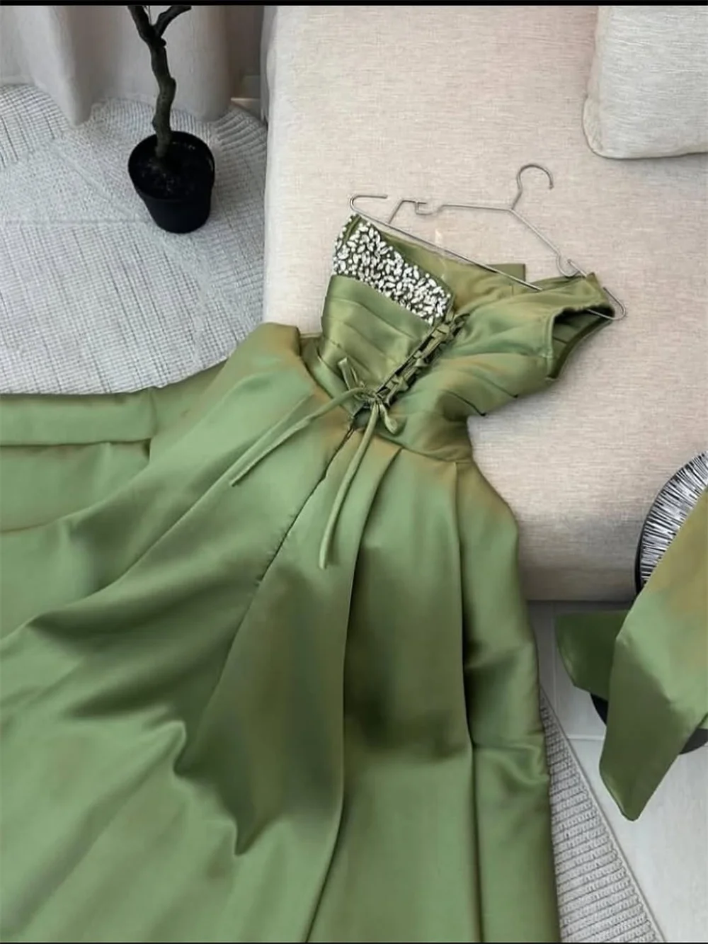 Amanda Customized Green One Shoulder A-Line Prom Dresses Rhinestones Lace-Up vestidos de noche Detachable Sleeves Formal Evening