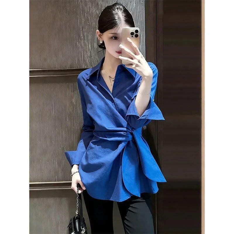 

This New Spring Women's Wear Shirt with A Stylish Cinched Waist Lace-up Design and A Unique Lapel Design Trendy and Stylish Look