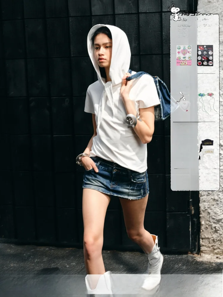 

1JINN STUDIO Casual Street Style Women's T-Shirt with Bow Tie Short Sleeve Hoodie Slimming Design Summer Cotton Top