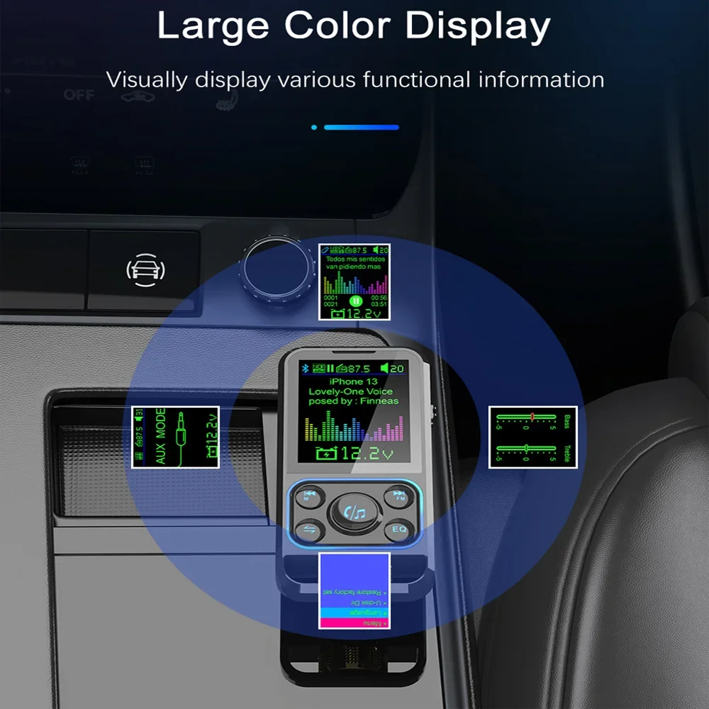 عرض ملون Bluetooth5.3 FM الارسال سيارة لاسلكية 12 فولت-24 فولت FM المغير مشغل Mp3 طقم السيارة يدوي QC3.0 شاحن سيارة