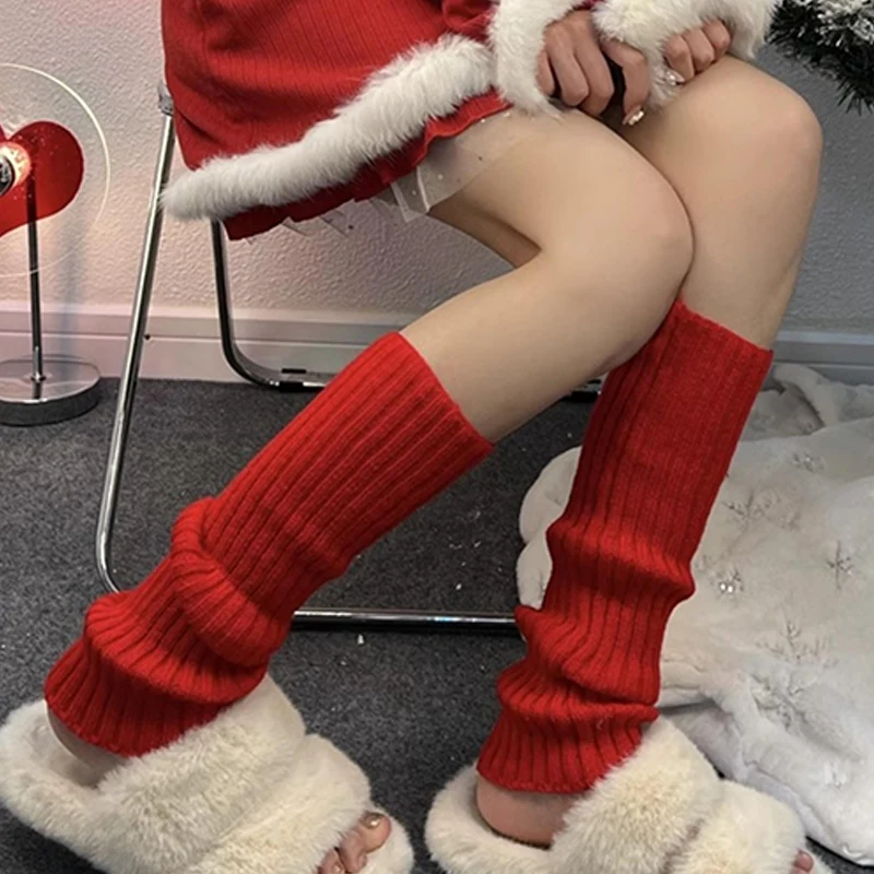 Lolita Leg Warmers Women Long Socks Lady Christmas Red Sweet Knitted Leg Covers Y2K Autumn Winter Crochet Heap Socks Boot Cuffs