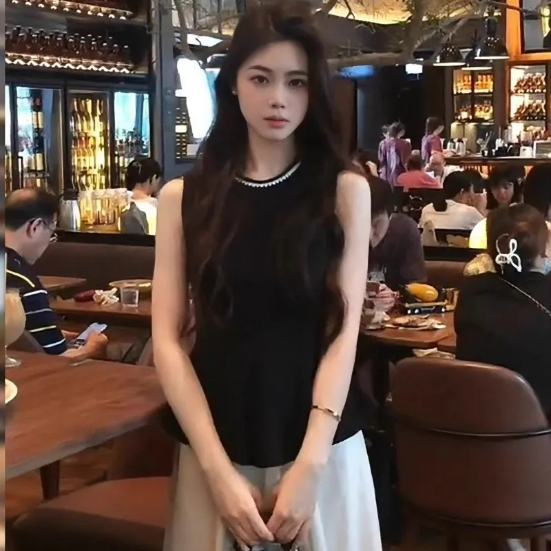 Camisas sin mangas negras elegantes para mujer, faldas de gasa, trajes de dos piezas, camisetas sin mangas negras ajustadas para verano 2025, trajes de faldas