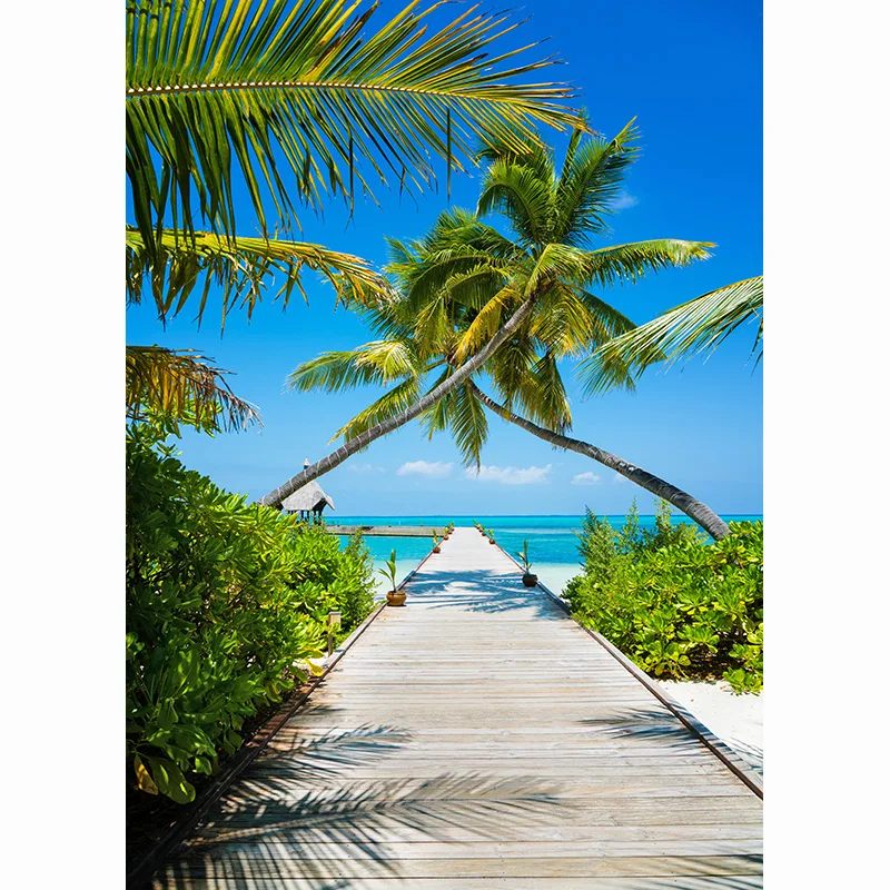 Vinyl Custom Sandy Beach Holiday Summer Photography Backdrop Prop Coconut Tree Landscape Window Photo Studio Background HF-20