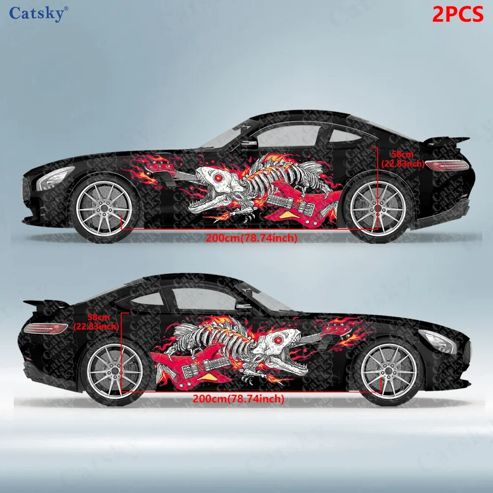 2pcs Flame Fishbone Guitar Car Side Wraps, Self-Adhesive PVC Waterproof & Scratch-Resistant Stickers, Car Accessory Gift