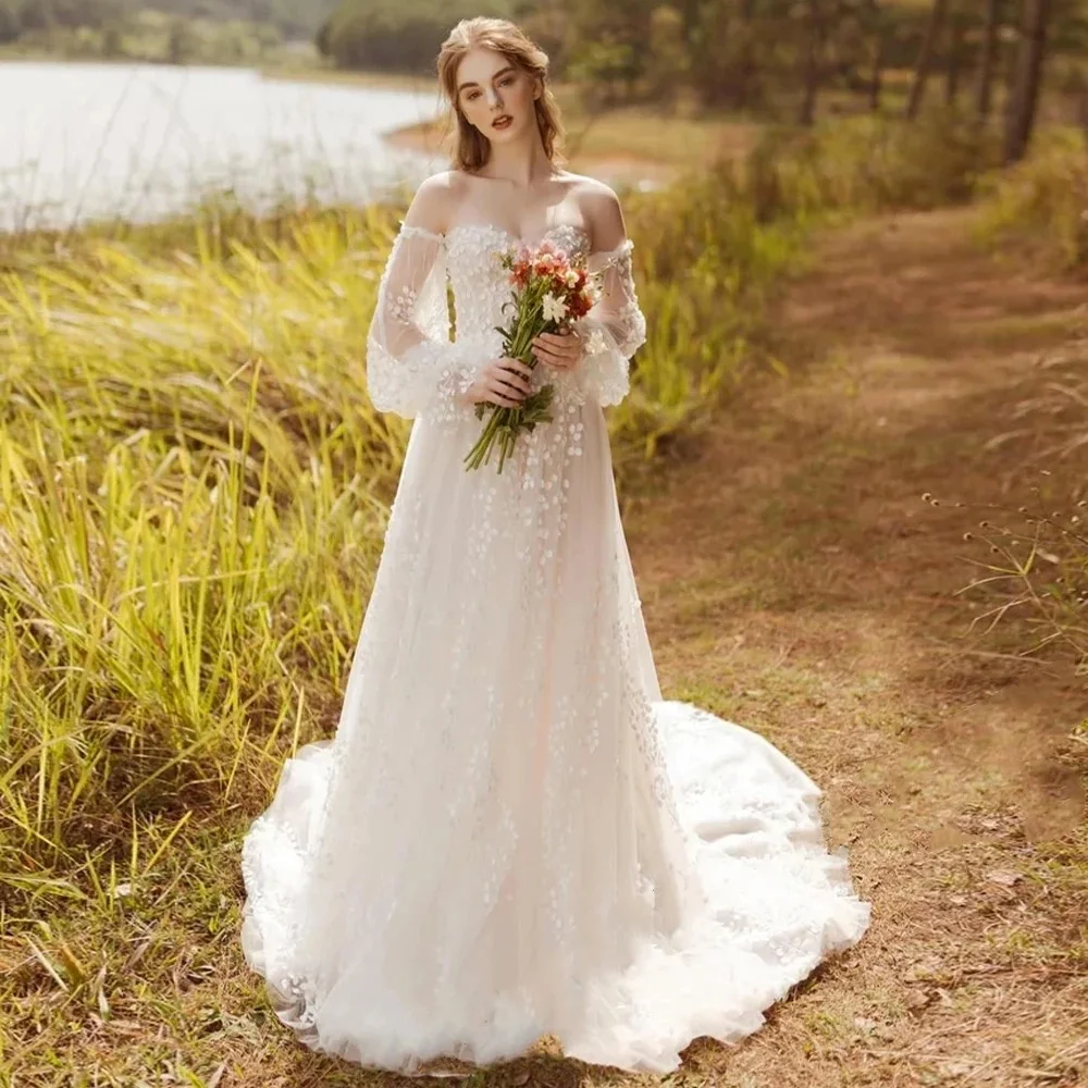 Customized Boho Wedding Dresses A-Line Princess Bridal Gowns Flower Appliques Off Shoulder Robes Women Pretty Vestidos De Novia