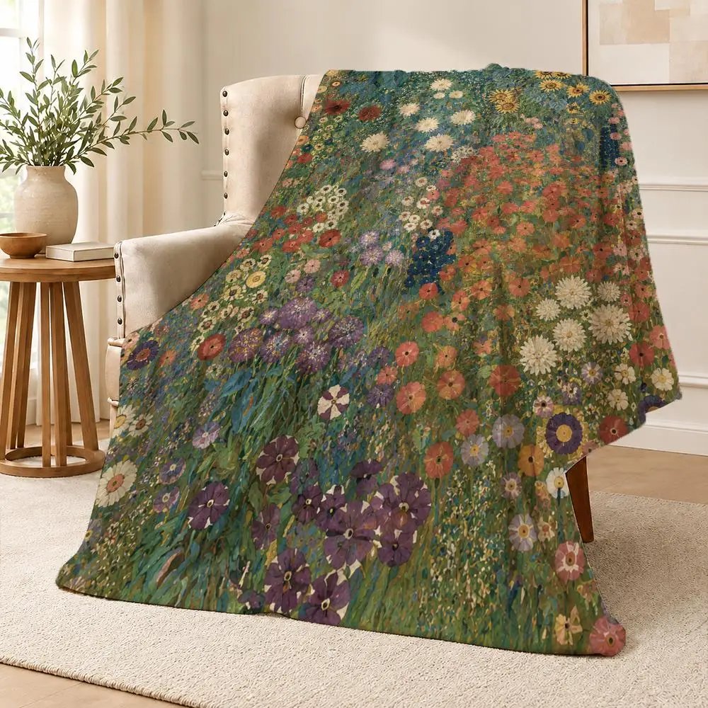 Vintage Wildflower Meadow Floral Oil Painting Art Throw Soft Flannel Throw Blanket for Couch Bed Sofa Warm Cozy All Season