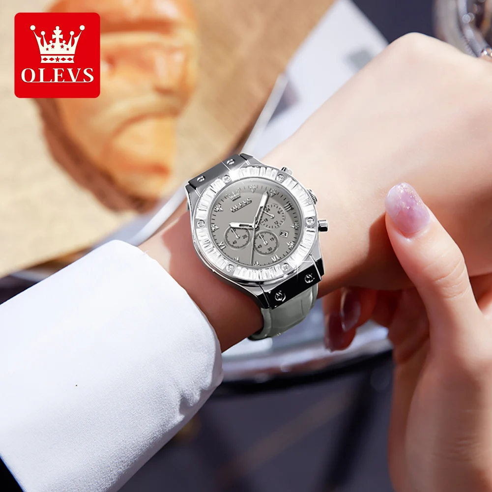 OLEVS Original Womens Leather Chronograph Watch 3ATM Water Luxury Big Face Quartz Analog Watches Casual Dress WristWatch Elegant