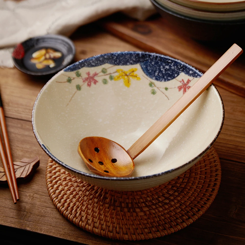 8Inches Retro Flower Pattern Ceramic Bowls Underglaze Round Noodle Bowls Household Dining Tablewares Janpanese Style Ramen Bowl