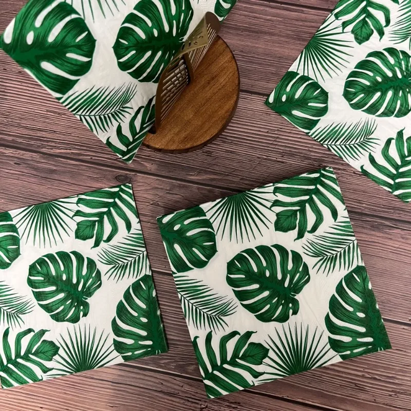 20pcs 33cm 2-Ply Palm Leaves Turtleback Bamboo Green Printed Napkins Party Decoration Wine Glass Flowers Paper Placemats