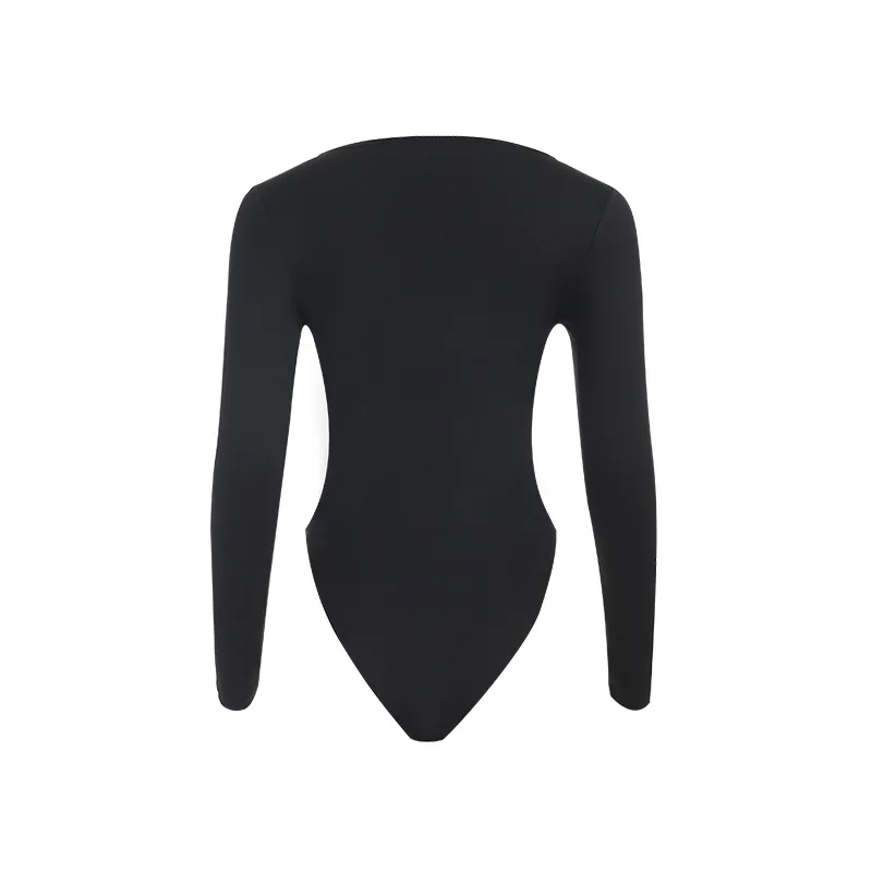 Spring Autumn Winter New Fashion Cut Cross Hollow Lace Jumpsuit Long Sleeved V-Neck Diagonal Black Charming Bodysuit Clubwear
