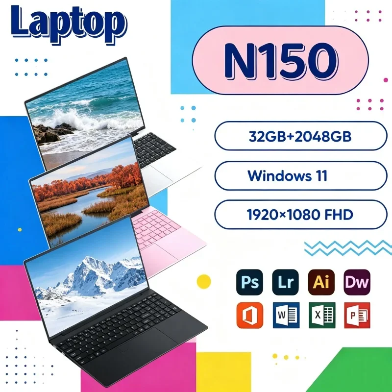 Intel Core N150 15.6 Inch Gaming Laptop 32GB RAM 2TB SSD Fingerprint Unlock WiFi 6 4K Ultrabook Pro Quick Render