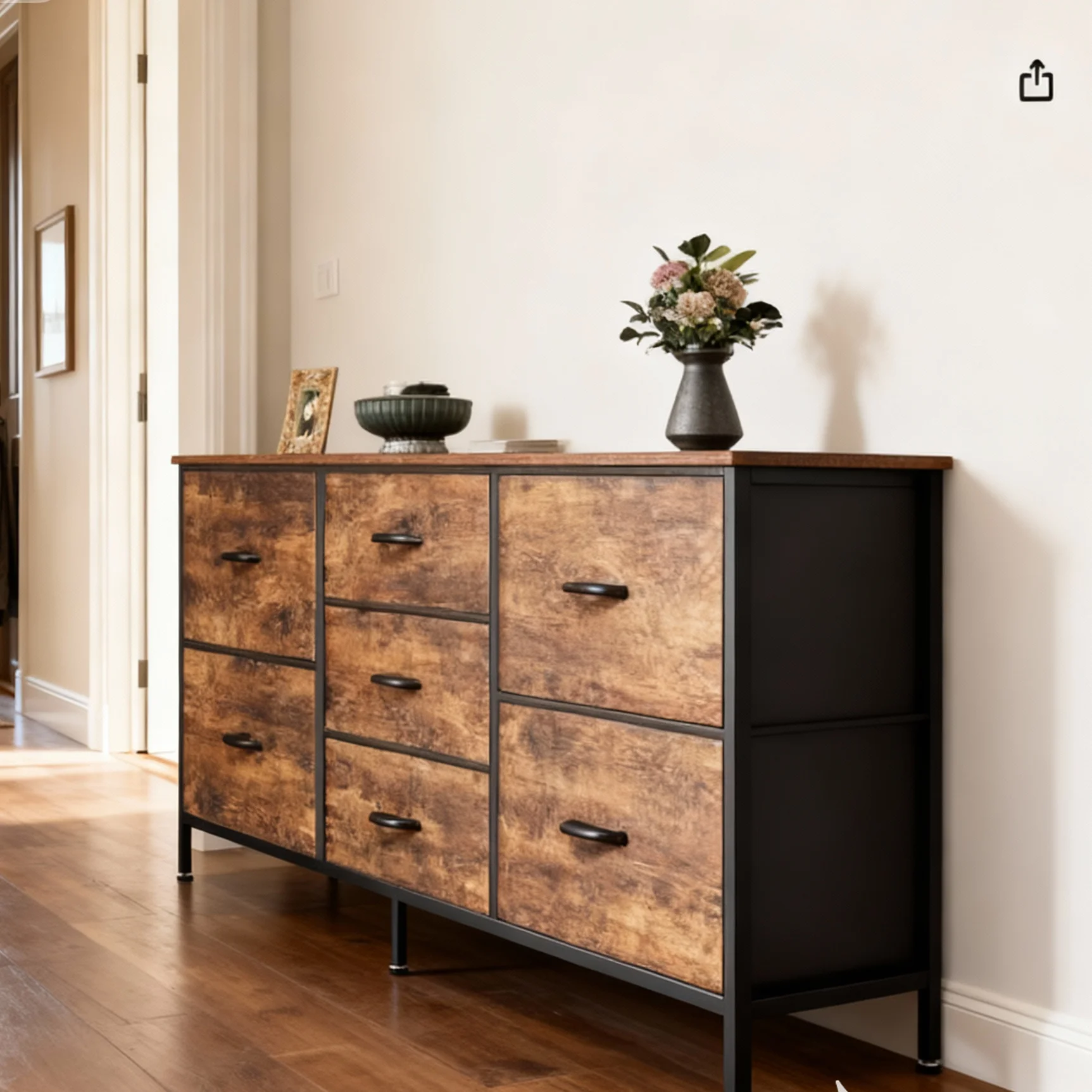 Tv Stand Dresser with 7 Fabric Drawers and Open Shelves, Led Entertainment Center with Charging Station, Wood Top Media Console, Bedroom, Brown