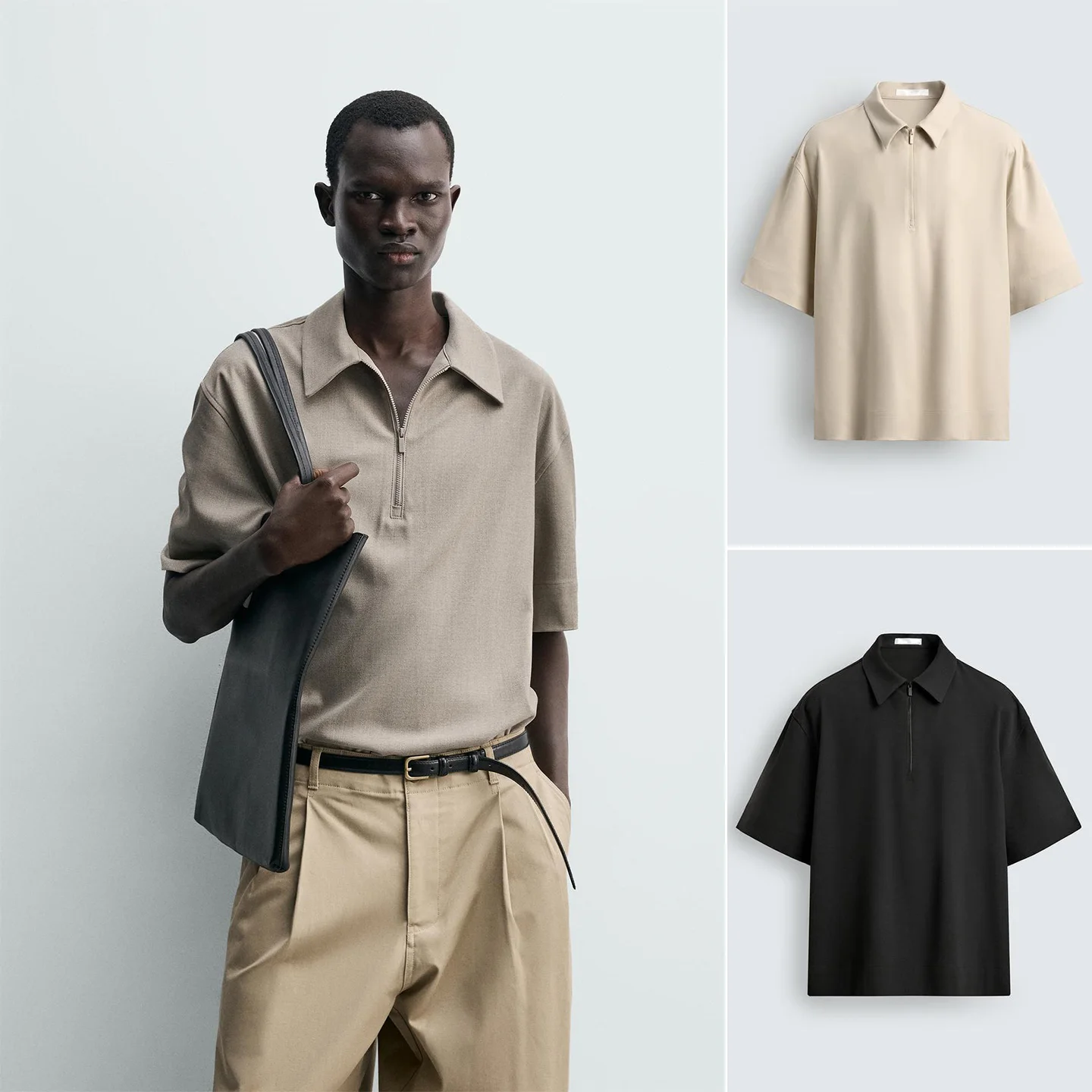 

Men's Summer New Loose Fit Zipper Closure Collar Short Sleeve Shirt Minimalist Style Regular Polyester Single Wear