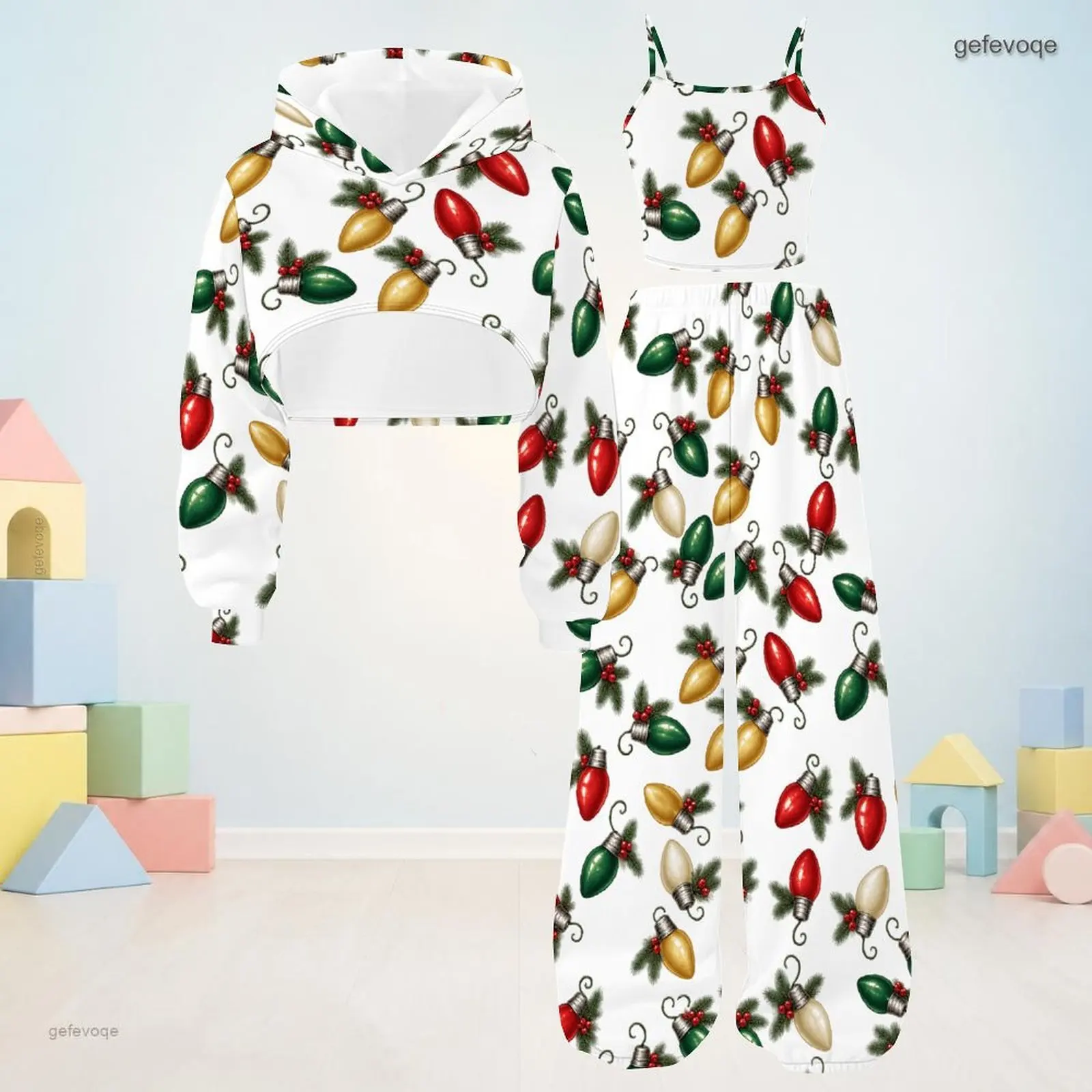 Autumn Graphic Print Girls 3 Piece Outfit Girls Hooded Festive Children Clothing Holiday Wear