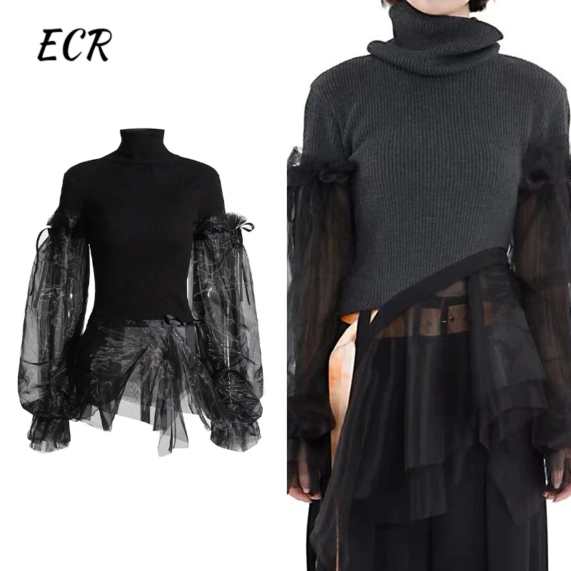 ECR Solid Patchwork Mesh Knitting Sweater For Women Turtleneck Long Sleeve Spliced Lace Up Slimming Pullover Sweater Female New