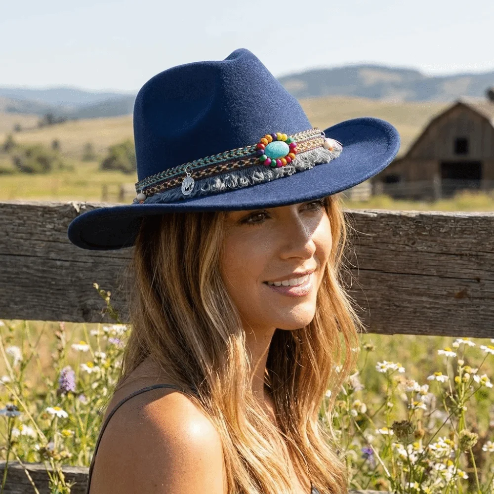 Cool Woolen Western Cowboy Hat Solid Color with Tassels Party Cosplay Hat Big-edge Colorful Cowgirl Jazz Hat Women