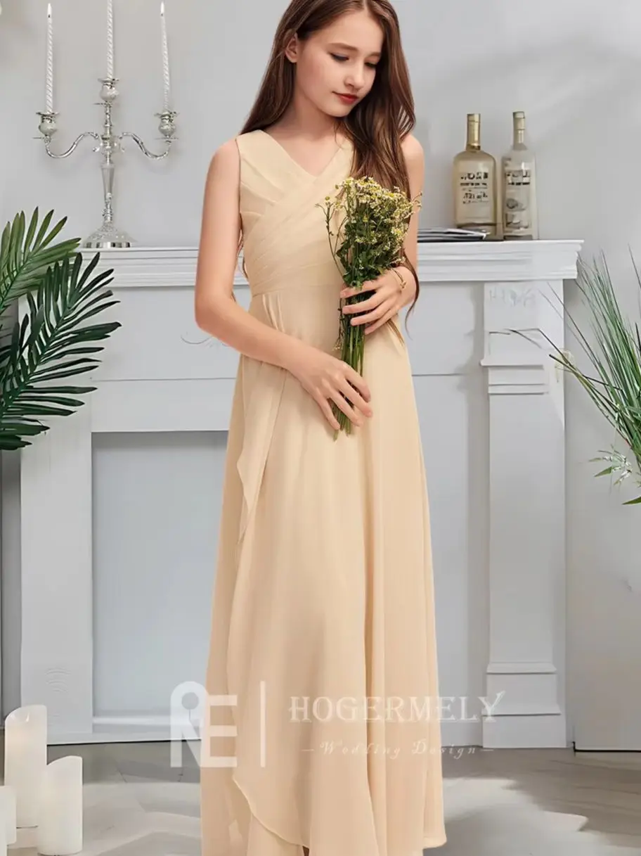OLA Kids V-Neck Junior Bridesmaid Dress Blush Champagne Flower Girl Dress Floor-Length Chiffon With Cascading Pleats Wedding