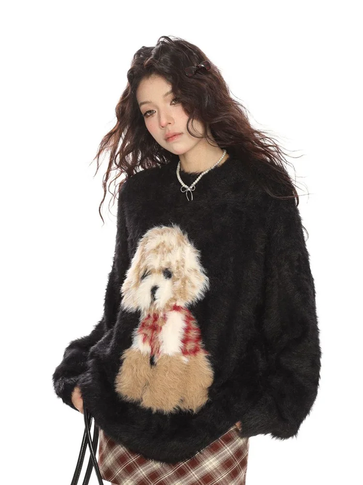 Vintage Cartoon Women Cute Red Sweater Korean Lazy Wind Loose O Neck Knitted Pullover Retro Long Sleeve Lady Sweet Kawaii Jumper