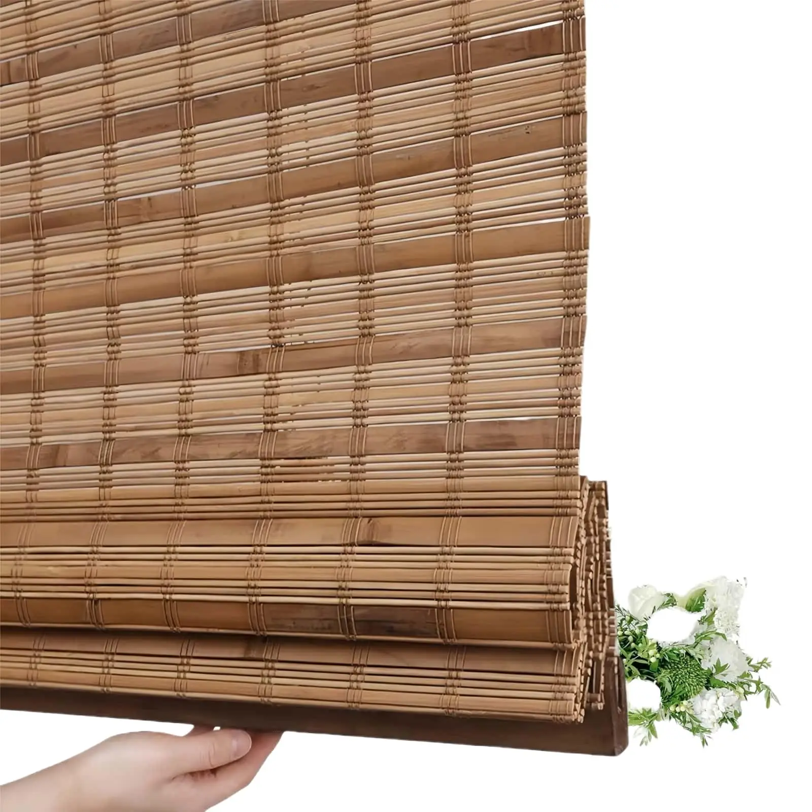 Cordless Bamboo Roman Shades No Tools No Drill Woven Bamboo Blinds with Valance .Light Filtering-dali Native.Wood Roman