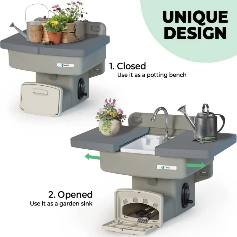 White Potting Bench with Hose Holder - Gardening Drinking Fountain - Hand Washing Water Station with Hookup