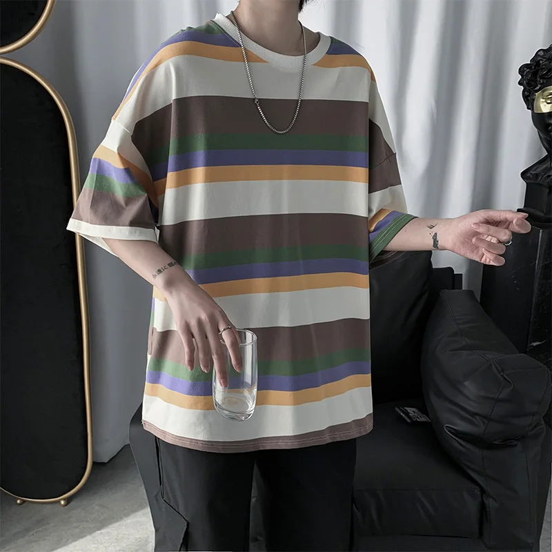 Men Half Sleeve T-shirts Summer Couples Striped  Loose Panelled Ulzzang Tees Male All-match Breathable Students Leisure Fashion