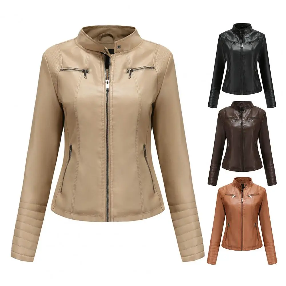 Women Fall Winter Jacket Smooth Faux Leather Women Coat Stand Collar Neck Windproof Warm Zip Up Cardigan Lady Coat